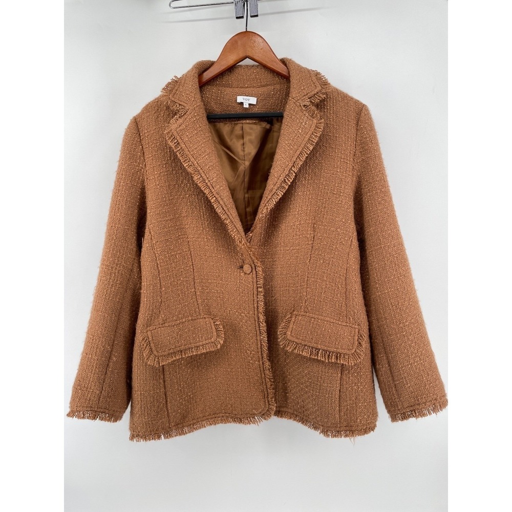 Tweed Fringe Blazer Women Large Brown Cottage Country Boho Artsy Raw Trim Jacket
